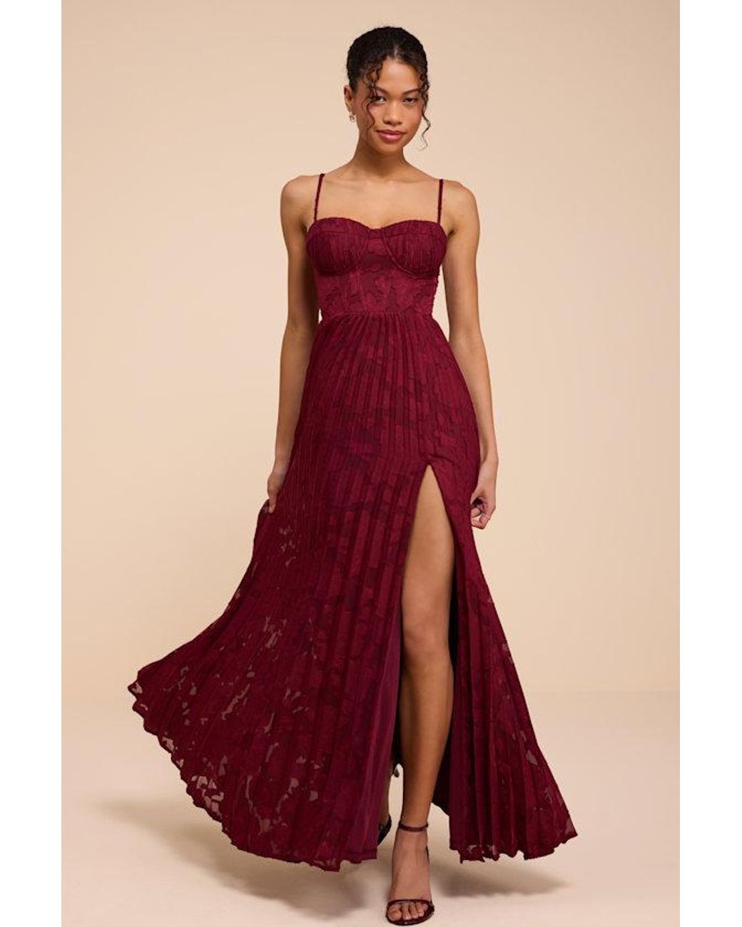 Lulus Red Dacie Floral Burnout Pleated Bustier Maxi Dress