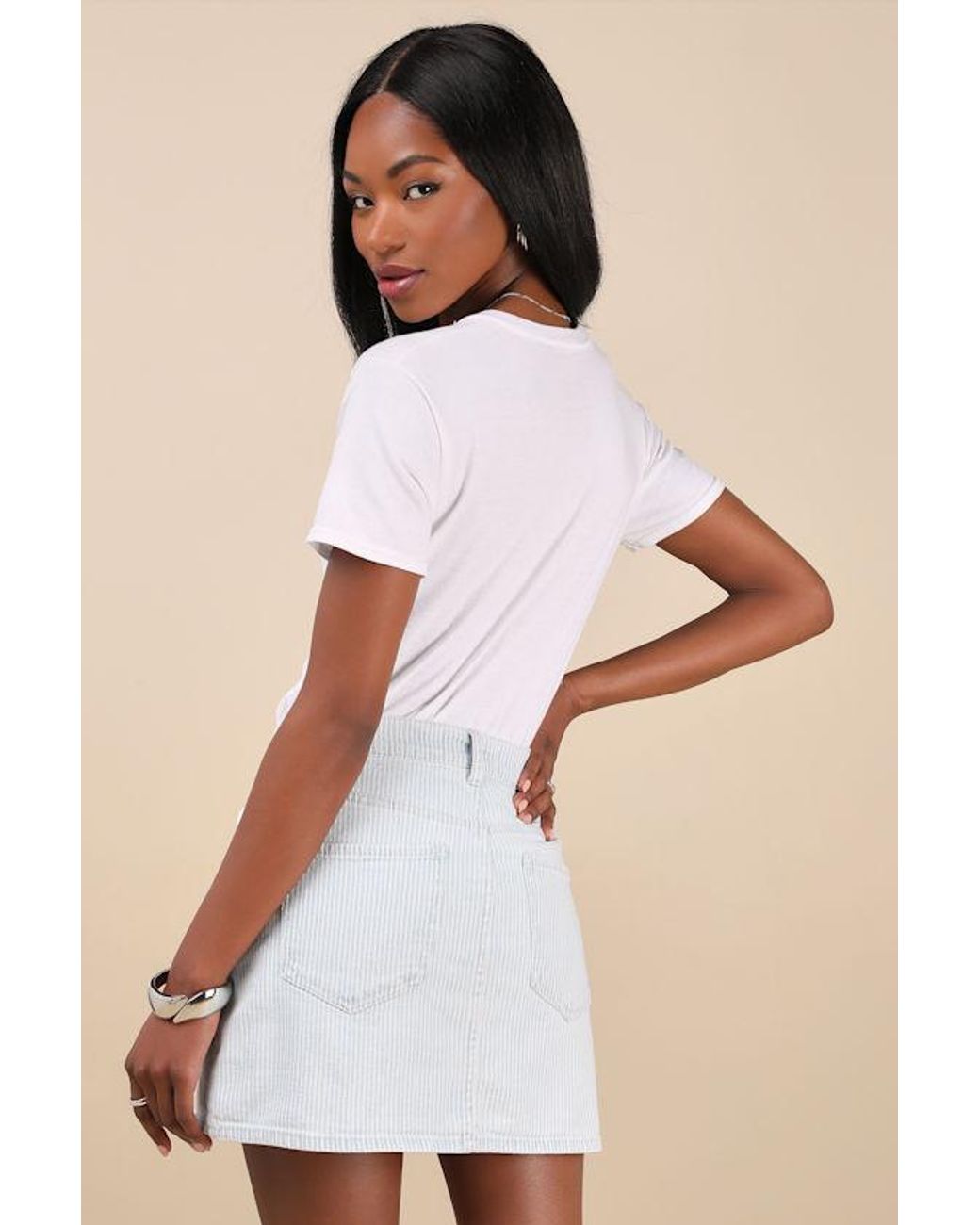 Daze Denim Natural Malibu Light Wash Striped Denim Mini Skirt