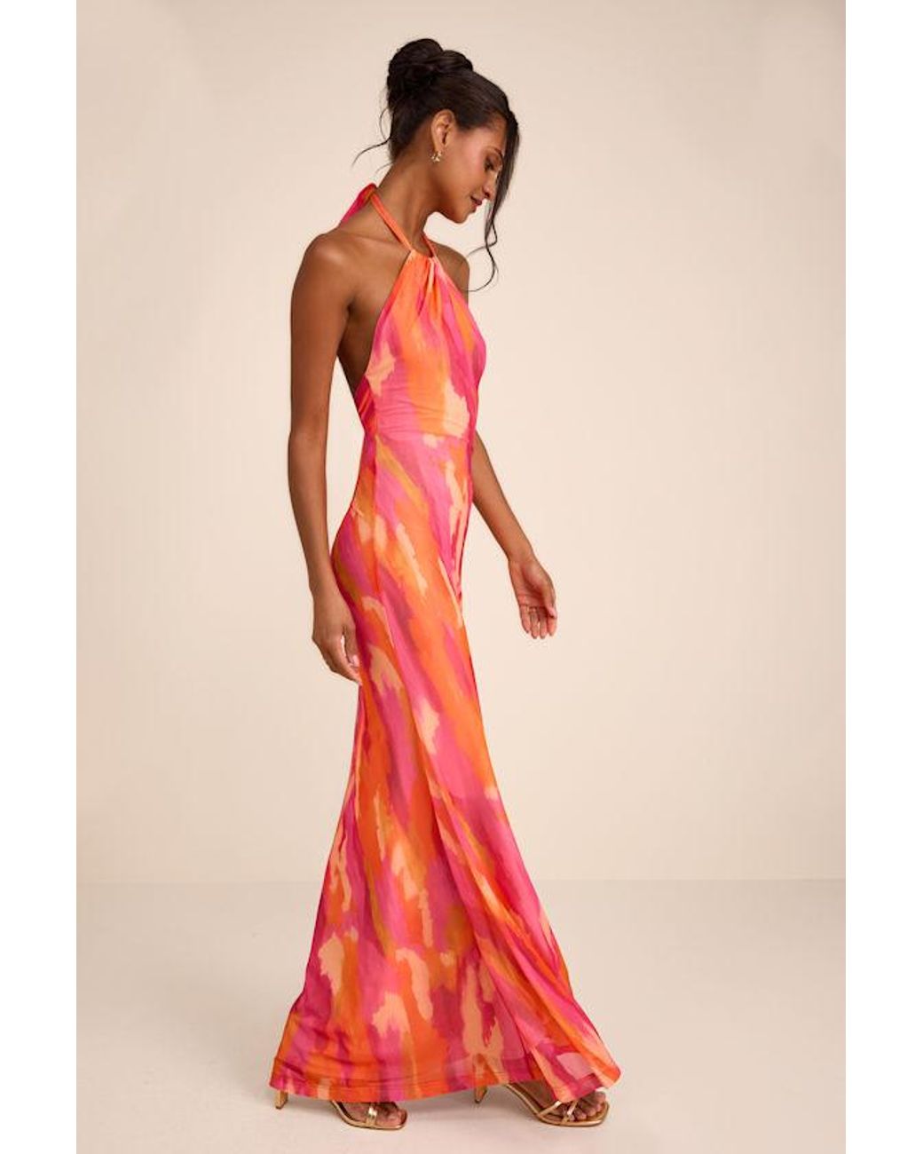 Lulus Red Adriel Multi Abstract Mesh Halter Mermaid Maxi Dress