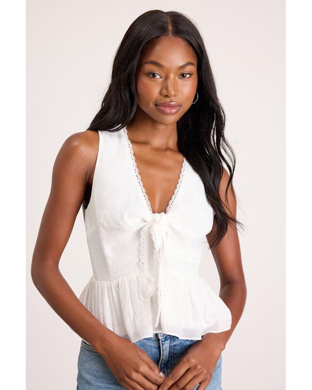 Lulus White Admirable Cutie Tie-Front Ruffled Sleeveless Top