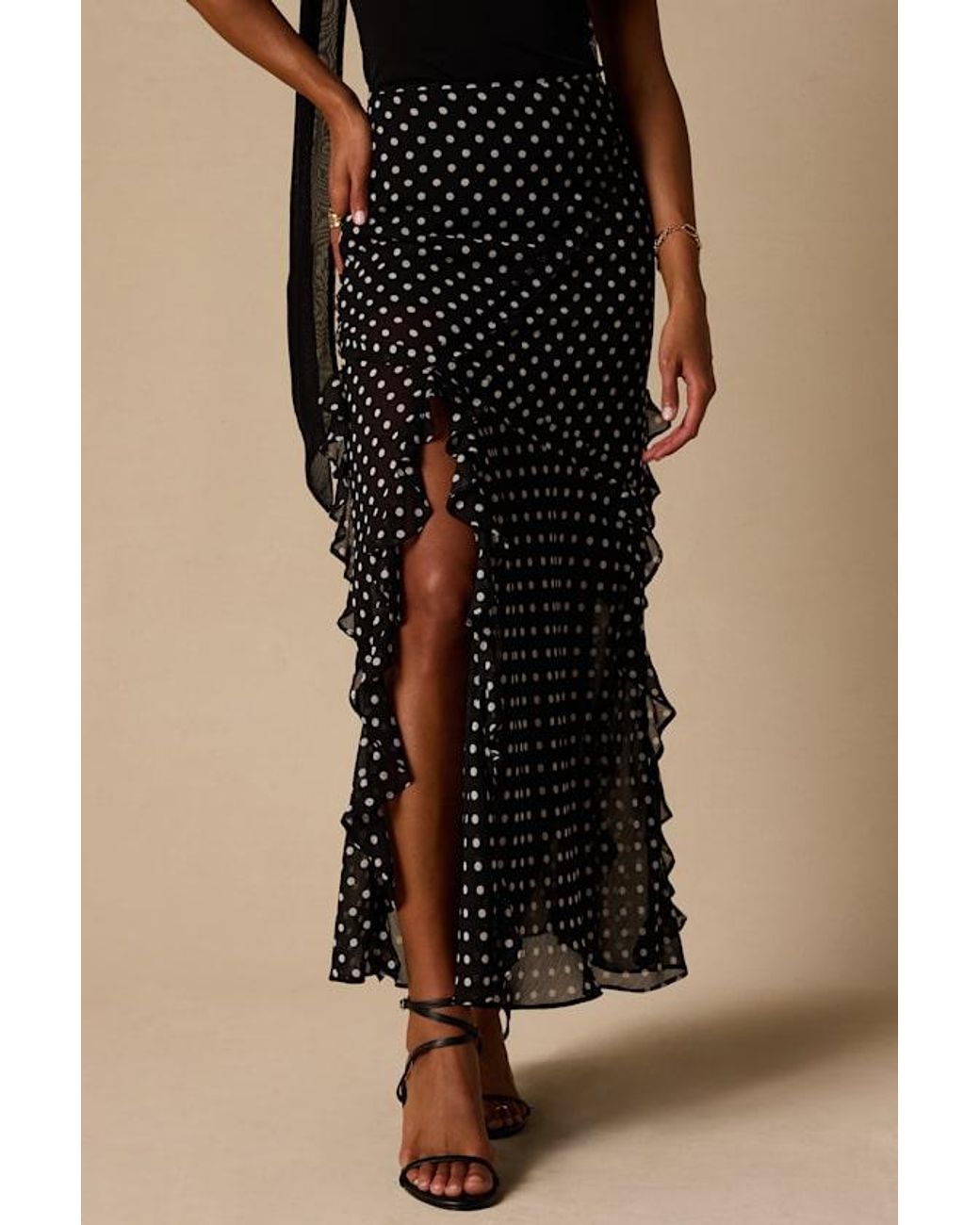 Lulus Black Alicia Polka Dot Ruffled Maxi Skirt