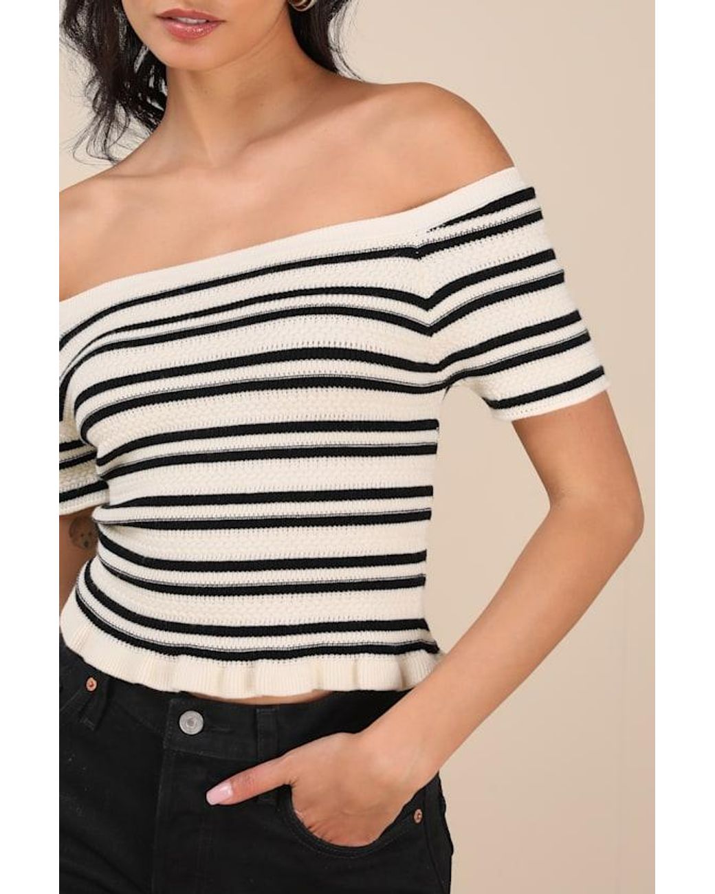 Lulus Black Erela Cream And Striped Off-The-Shoulder Sweater Top