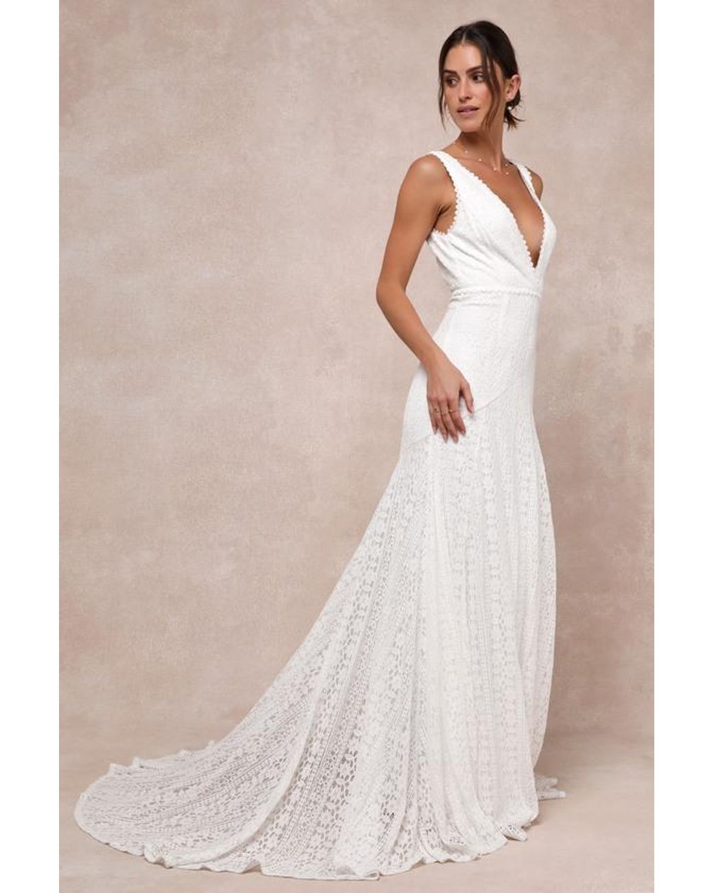 Lulus Natural Infinite Bliss Lace Sleeveless Backless Trumpet Maxi Dress