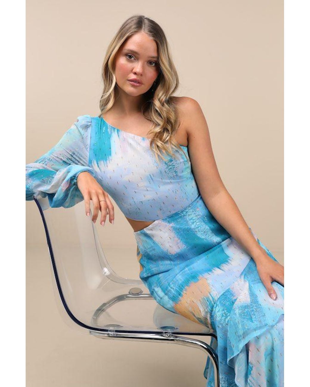 Lulus Blue Faria Multi Abstract Metallic Clip Dot Midi Dress