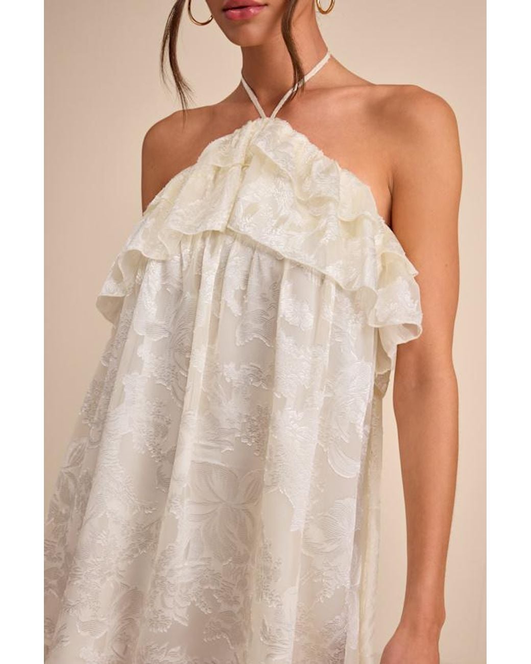 Lulus Natural Erika Floral Burnout Halter Mini Dress