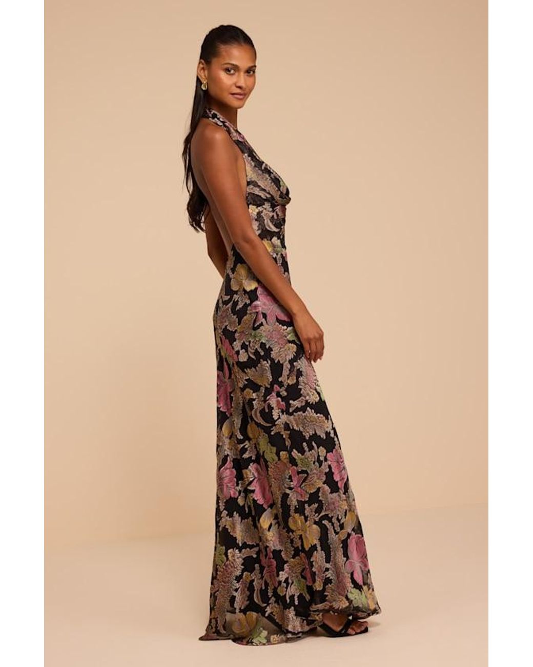 Lulus Natural Mariposa Floral Burnout Cowl Maxi Dress