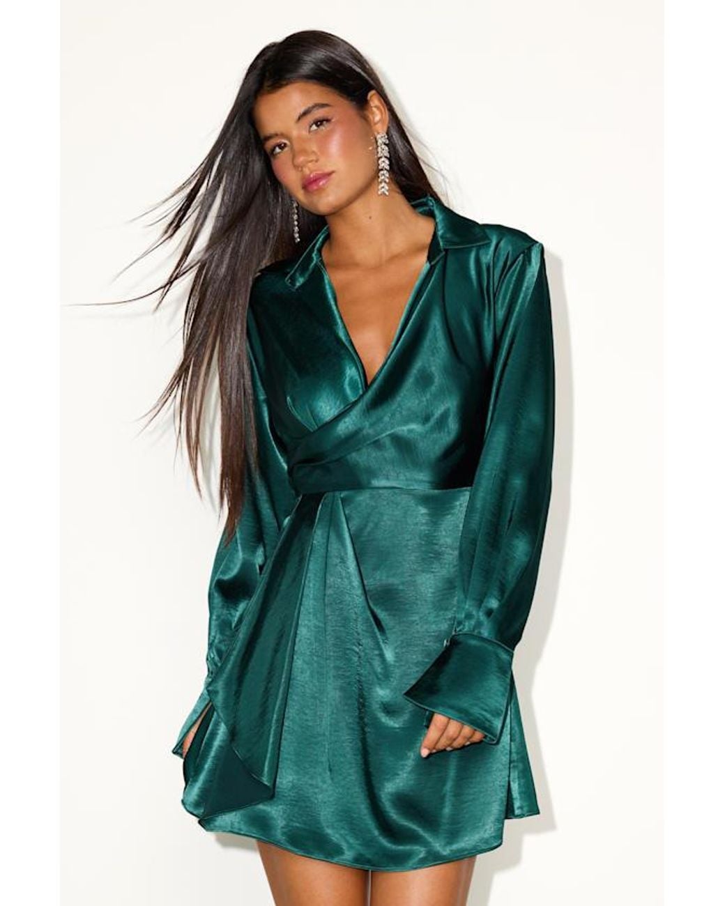 Lulus Rumaria Emerald Satin Faux-Wrap Mini Dress in Green | Lyst Lulus Rumaria Emerald Satin Faux-Wrap Mini Dress in Green | Lyst