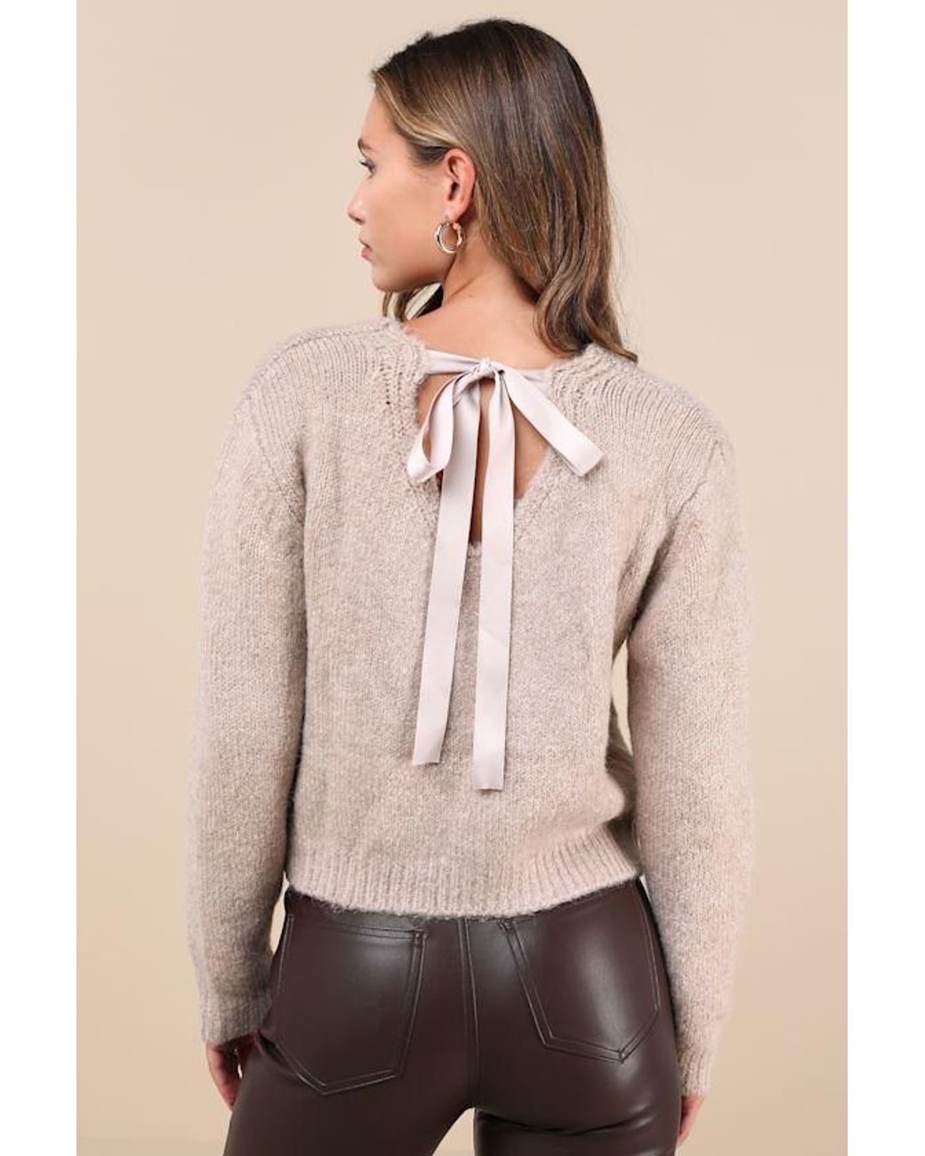 Lulus Natural Coquette Cozy Heather Long Sleeve Bow Pullover Sweater