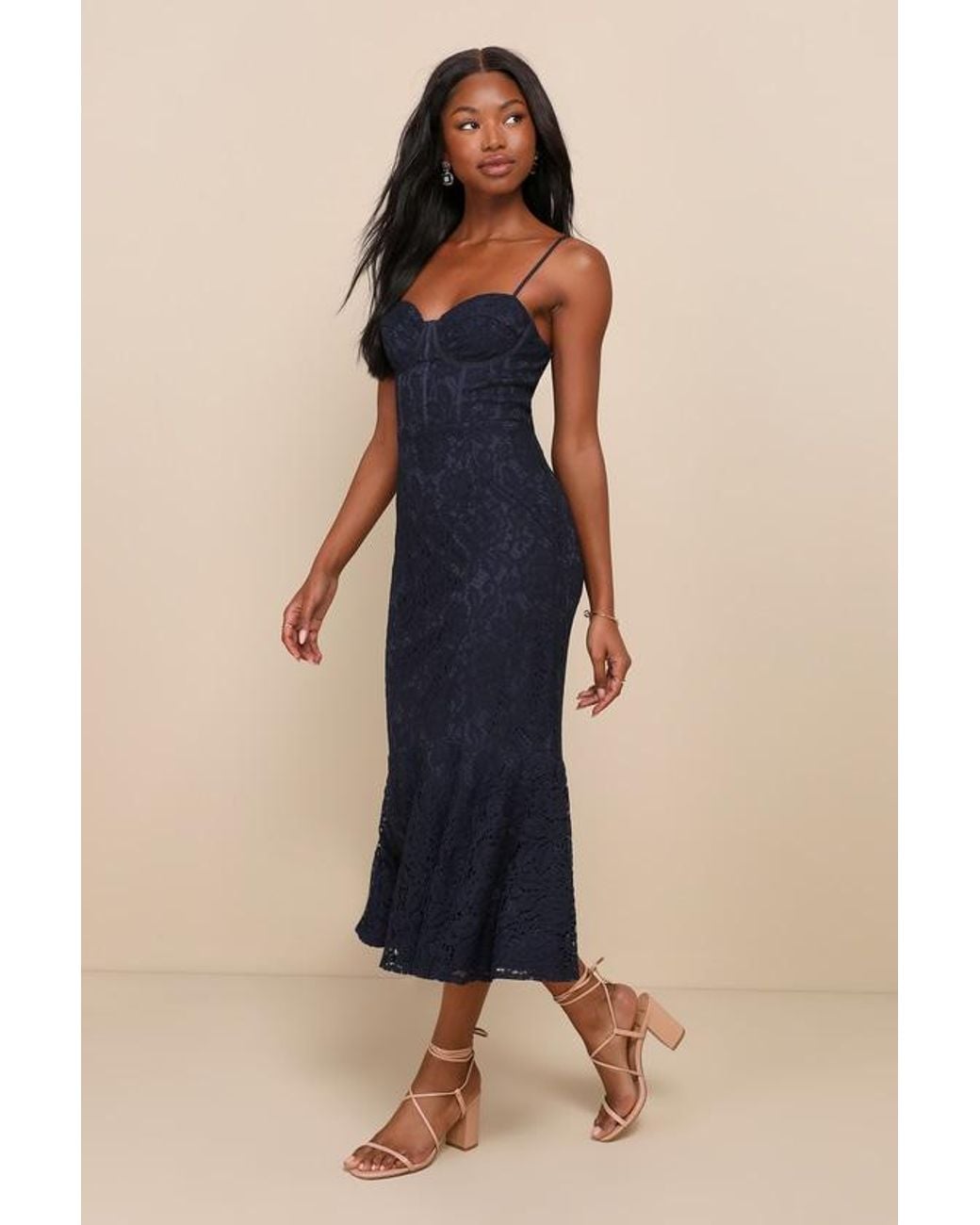 Lulus Blue Found Your Love Lace Sleeveless Trumpet Midi Dress