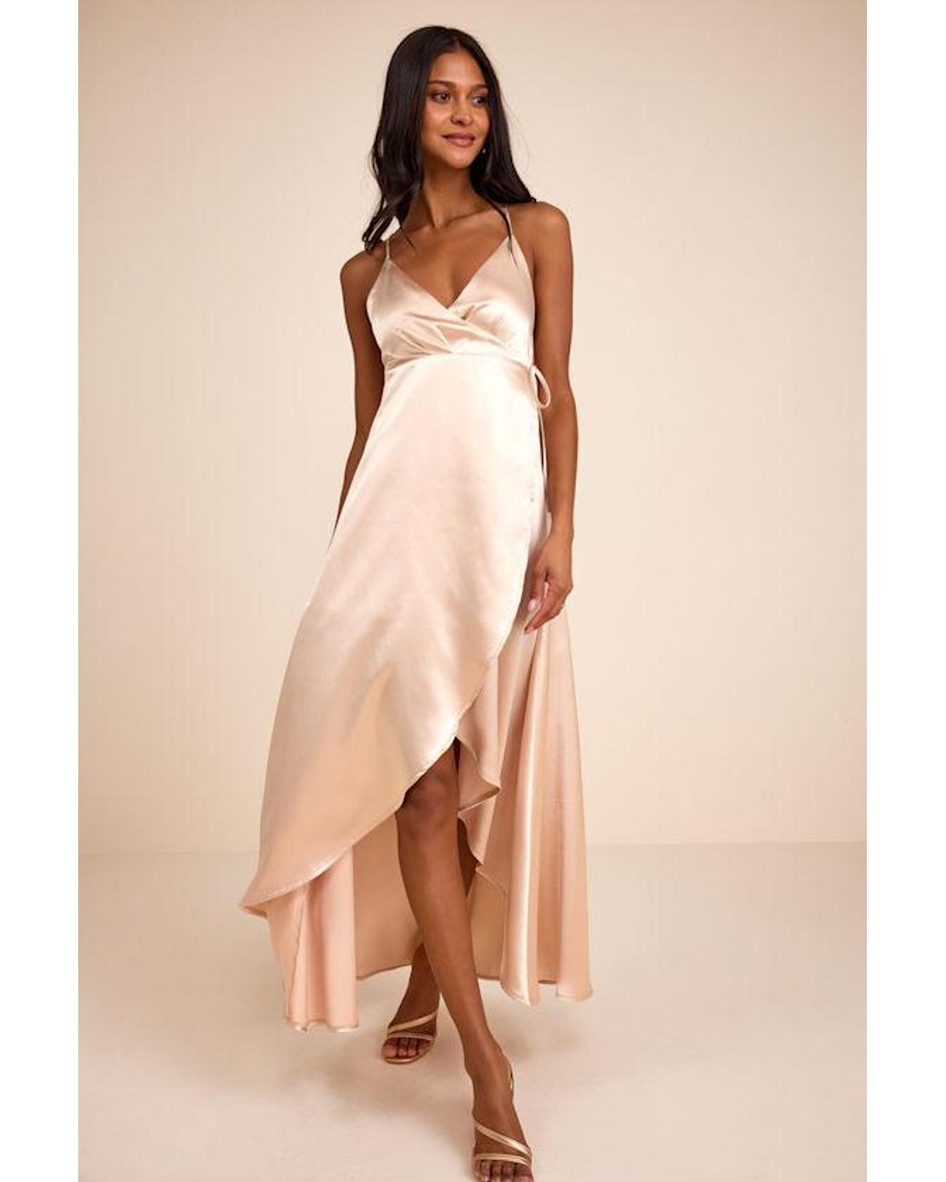 Lulus Natural Audria Satin Wrap High-Low Maxi Dress
