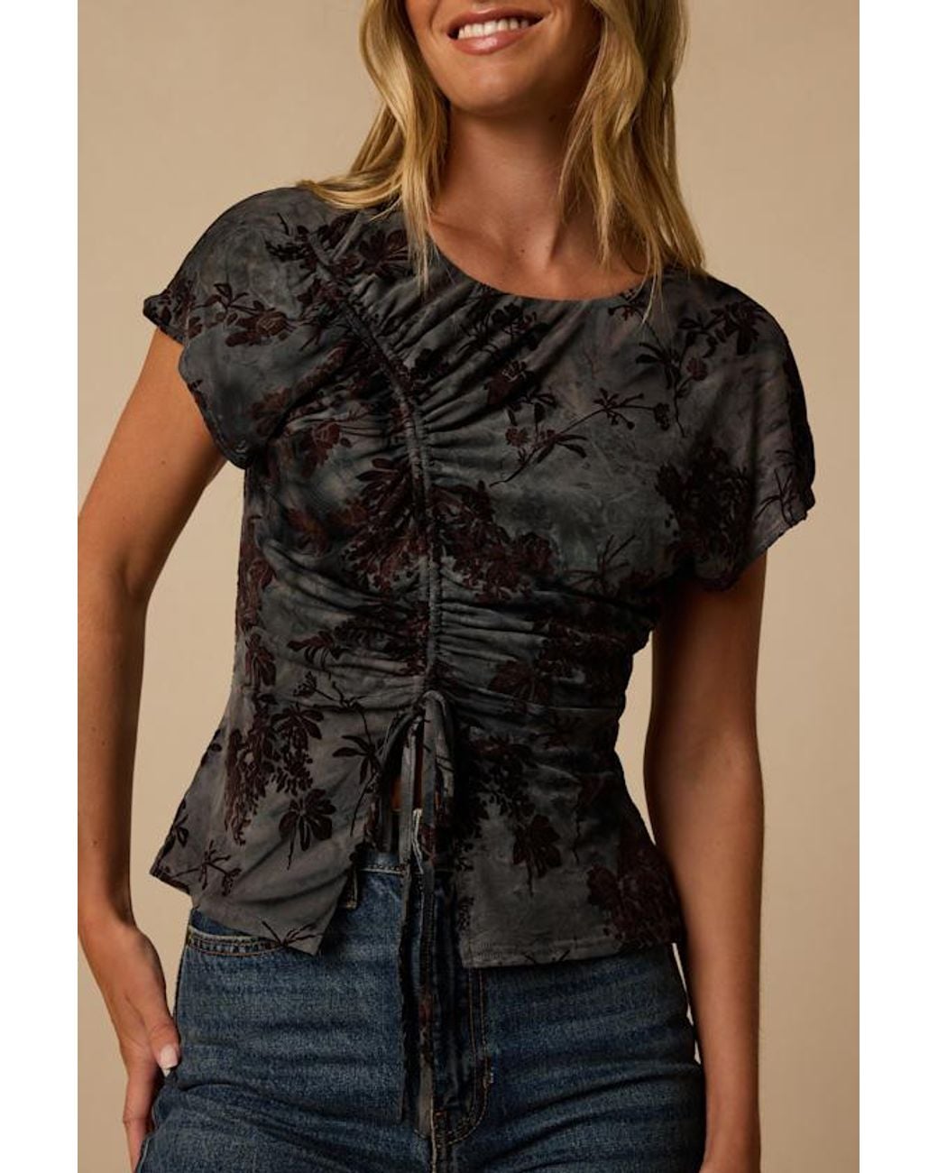 Lulus Black Misty Velvet Floral Drawstring Top