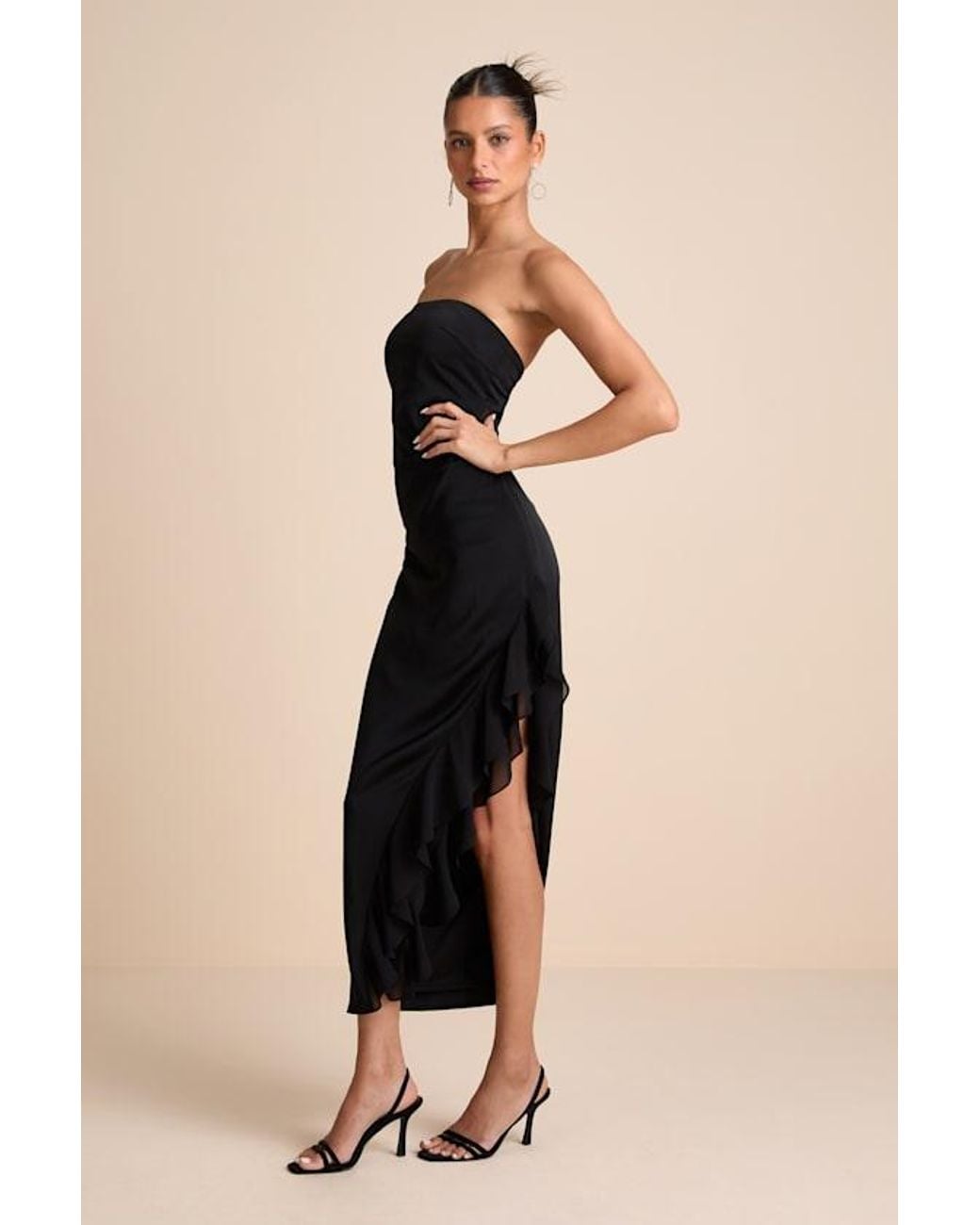 Lulus Natural Graceful Perfection Satin Ruffled Strapless Midi Dress