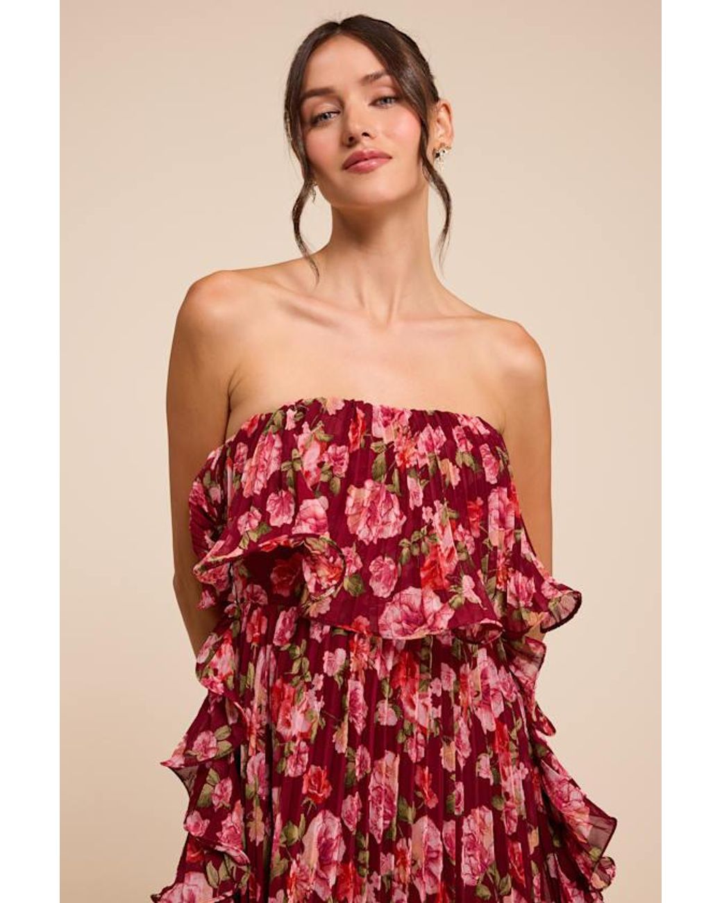 Lulus Red Andri Floral Pleated Ruffled Midi Dress
