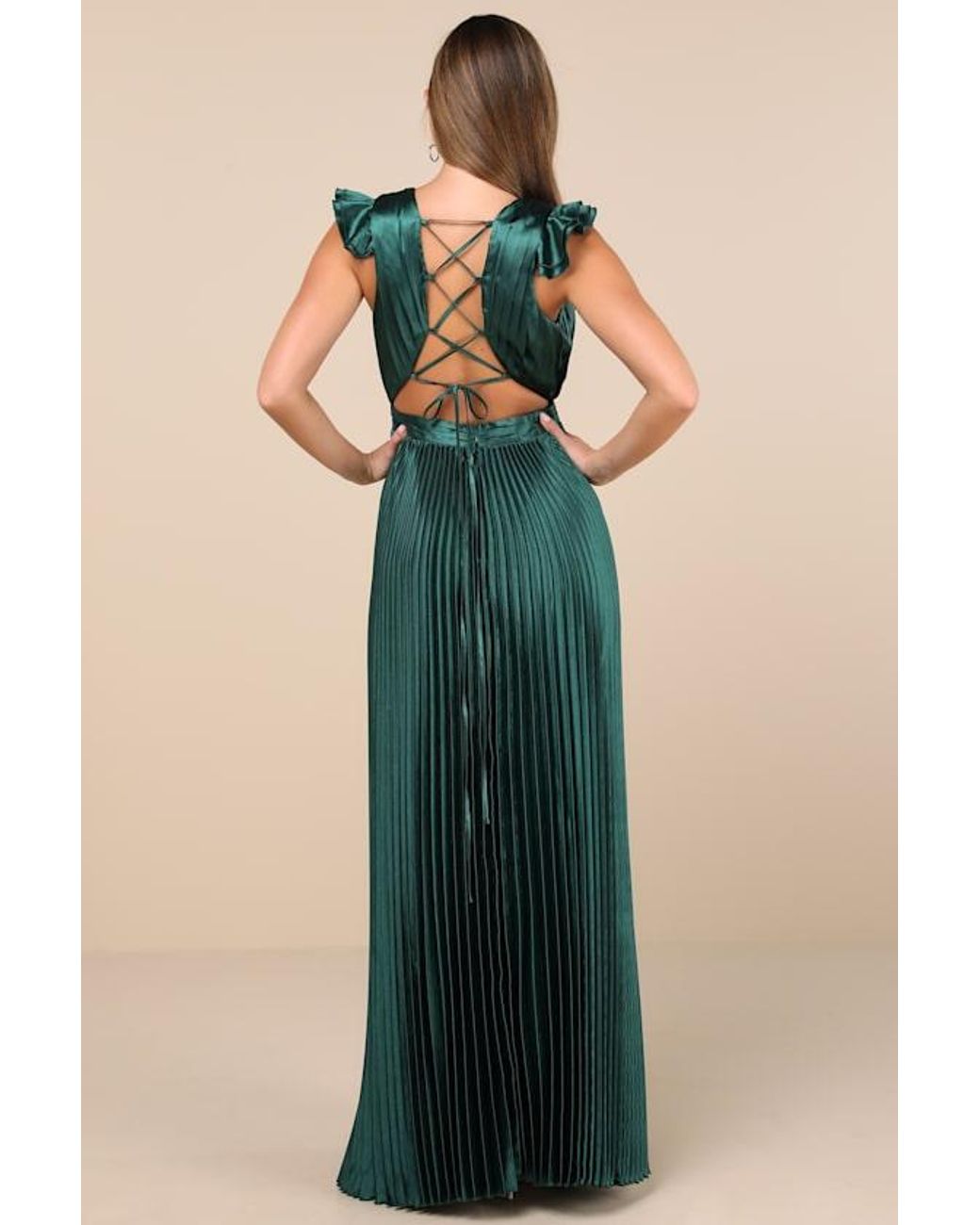 Lulus Blue Exceptional Drama Emerald Satin Lace-Up Pleated Maxi Dress