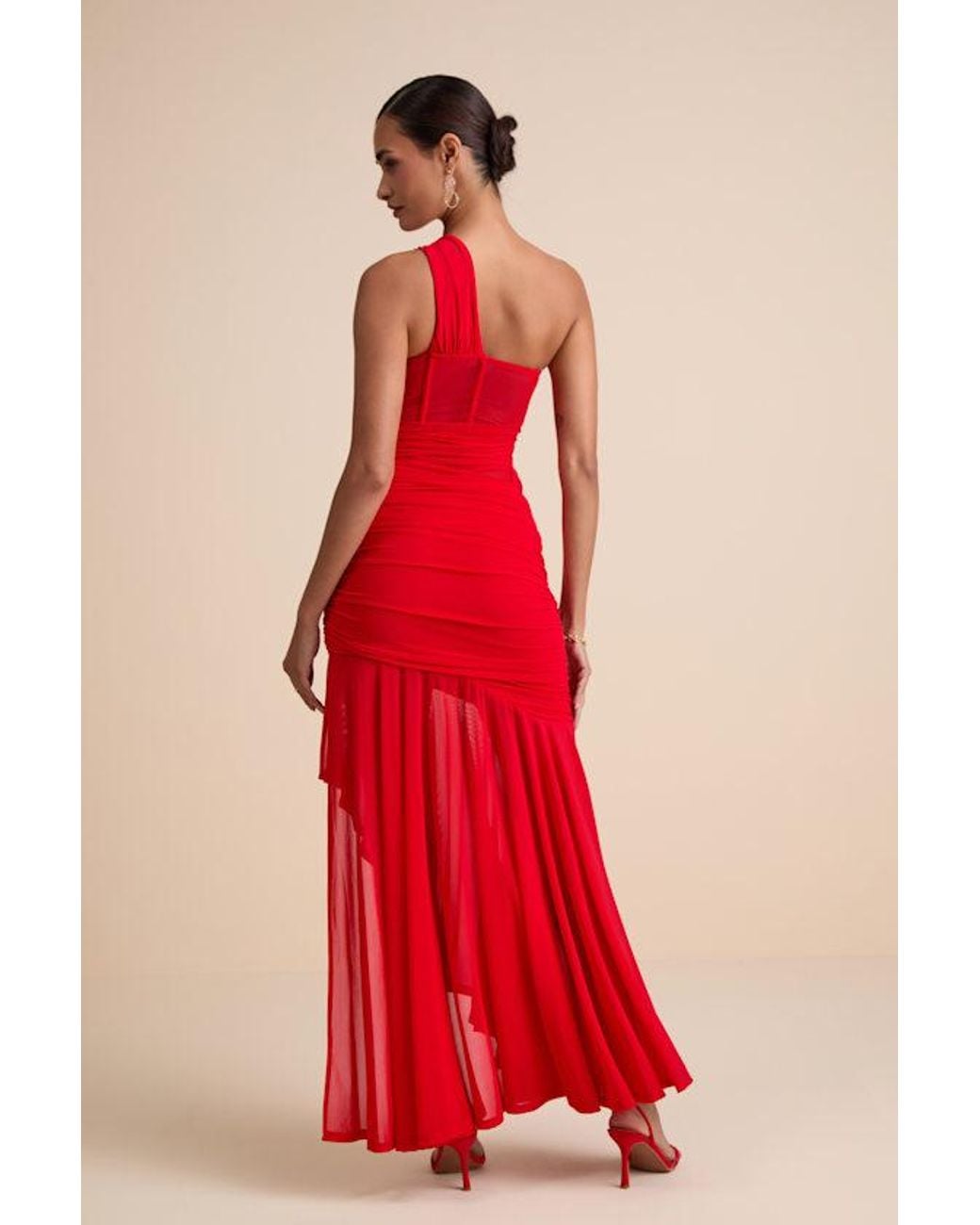 Lulus Red Marcellina Mesh Ruched One-Shoulder Maxi Dress