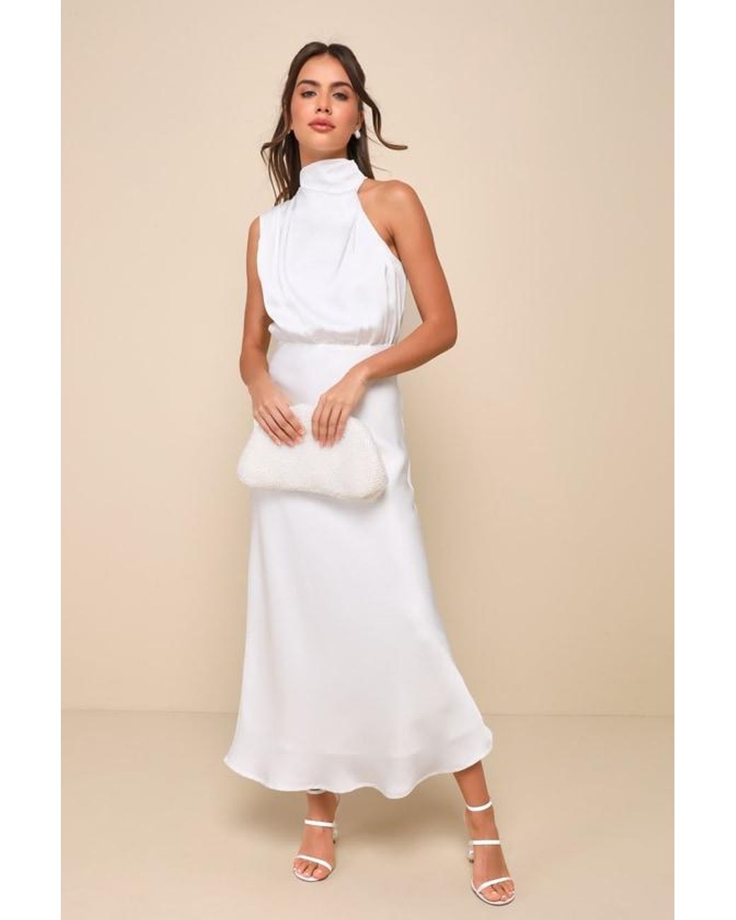 Lulus Natural Distinctive Charm Satin Asymmetrical Midi Dress