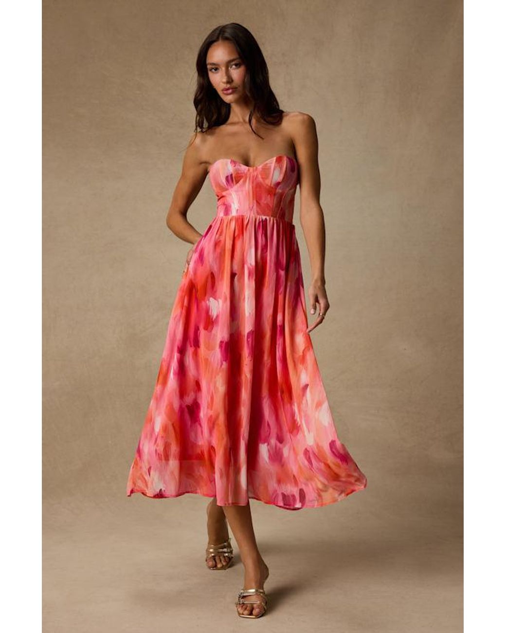 Lulus Pink Aysel Abstract Strapless Bustier Midi Dress