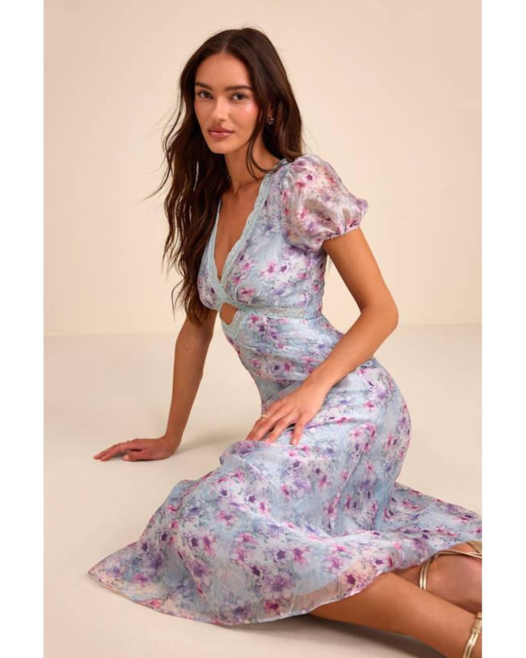 Lulus Blue Darcy Floral Puff Sleeve Midi Dress