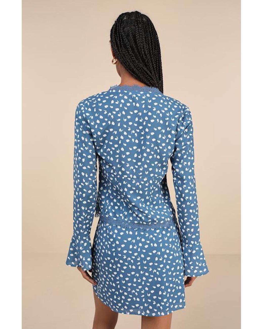 Lulus Blue Adorable Composure Floral Lace Tie-Front Long Sleeve Top