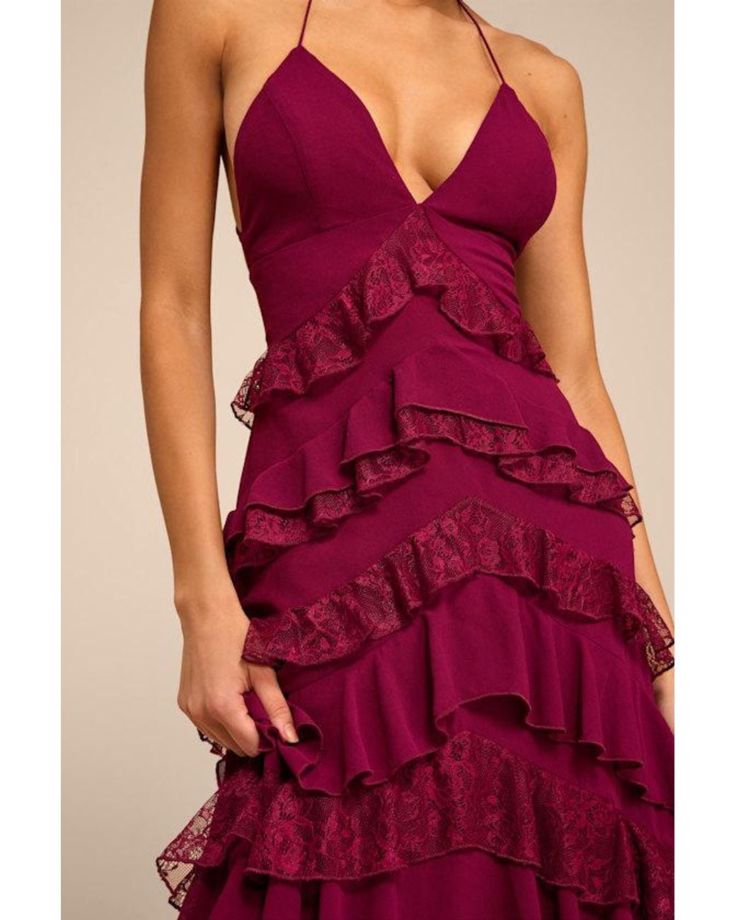 Lulus Red Melena Ruffled Lace Midi Dress