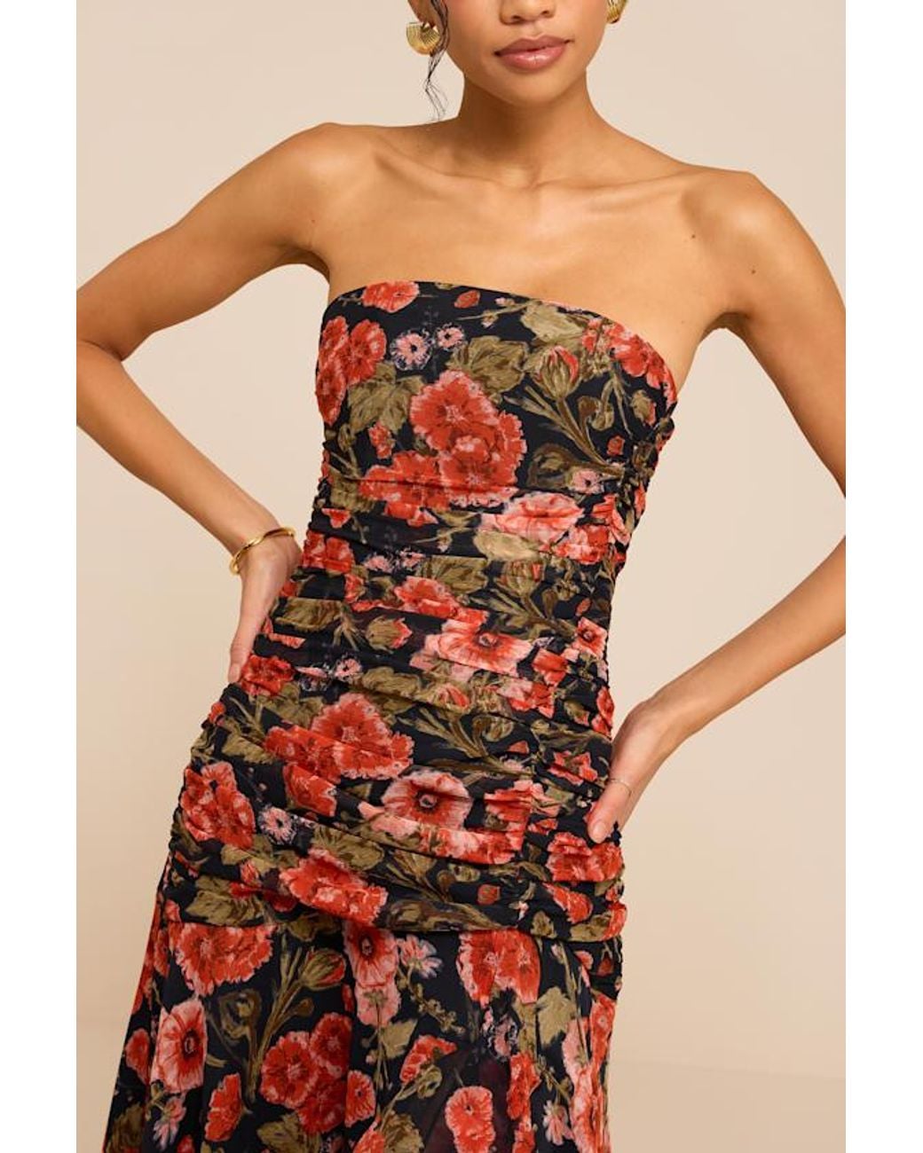 Lulus Brown Zuri Floral Strapless Maxi Dress