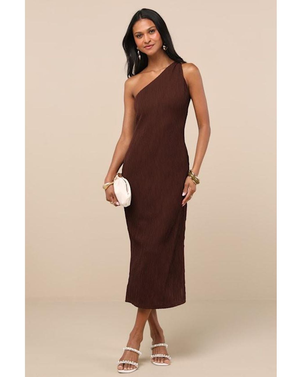 Lulus Natural Aristea Textured One-Shoulder Midi Dress