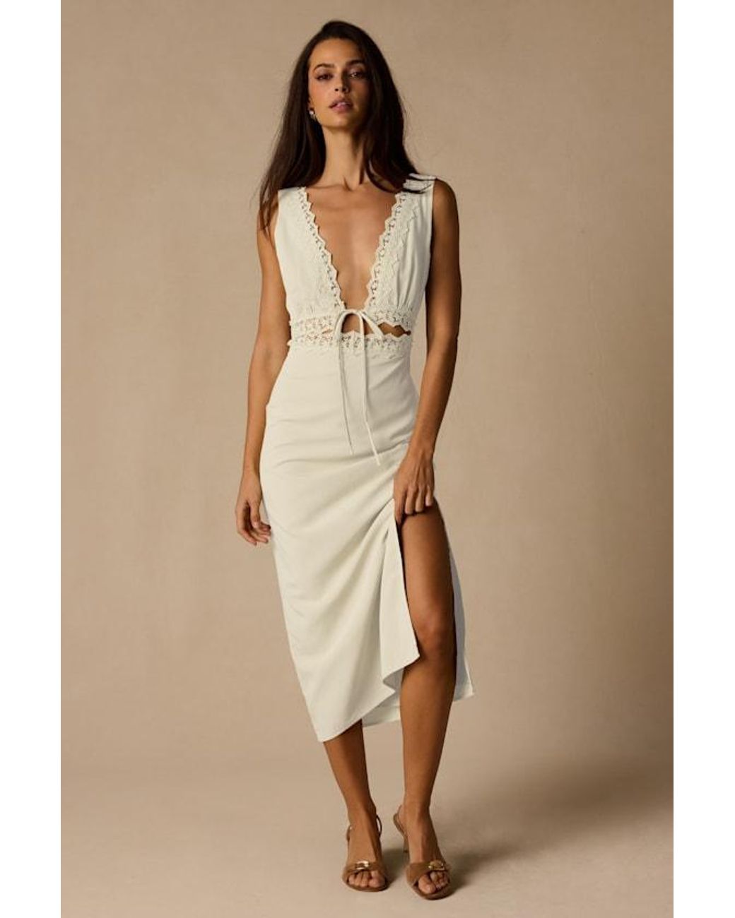 Lulus Natural Connie Lace Tie-Front Midi Dress