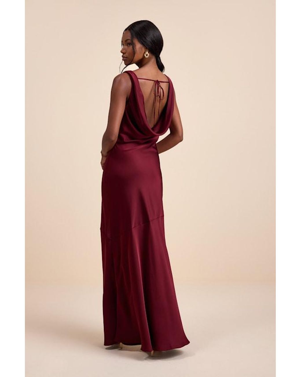 Lulus Red Aernah Satin Cowl Tie-Back Slip Maxi Dress