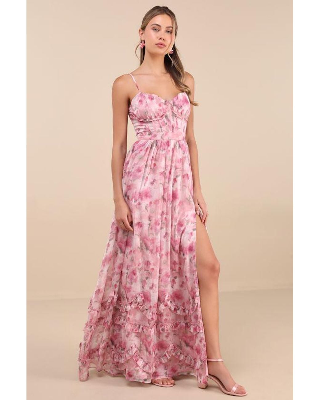 Lulus Pink Novella Floral Ruffled Bustier Lace-Up Maxi Dress