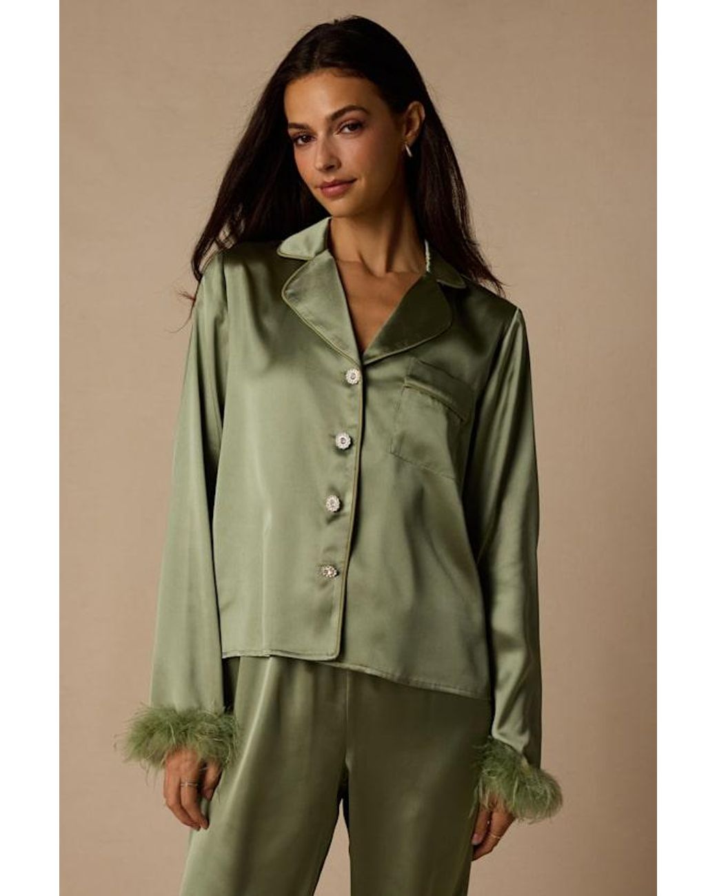 Lulus Green Dreamiest Delight Sage Satin Feather Two-Piece Pajama Set