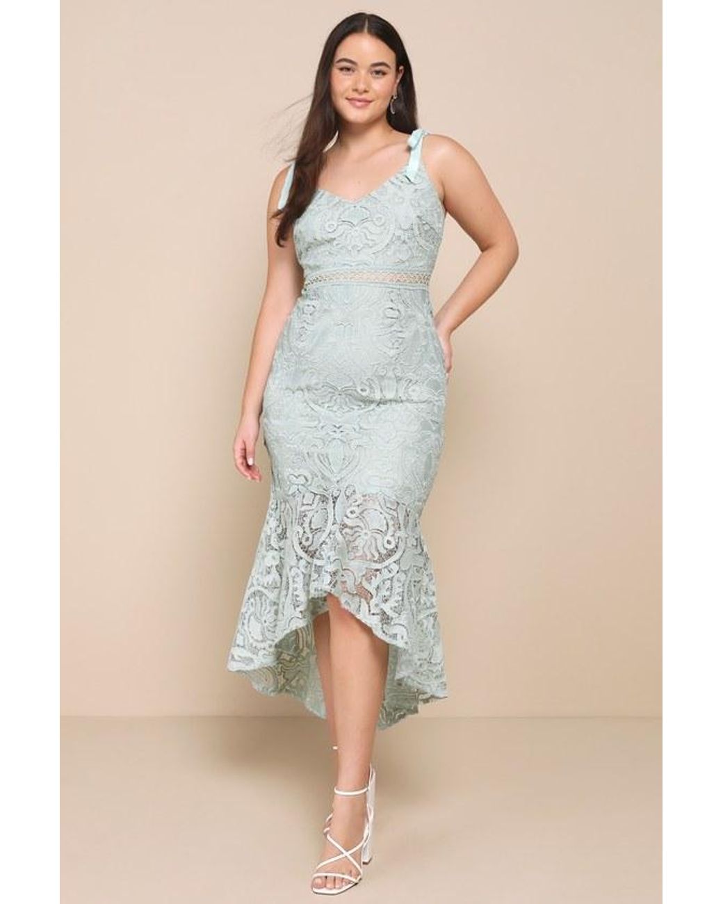 Lulus Natural Won Your Heart Lace Tie-Strap High-Low Midi Dress