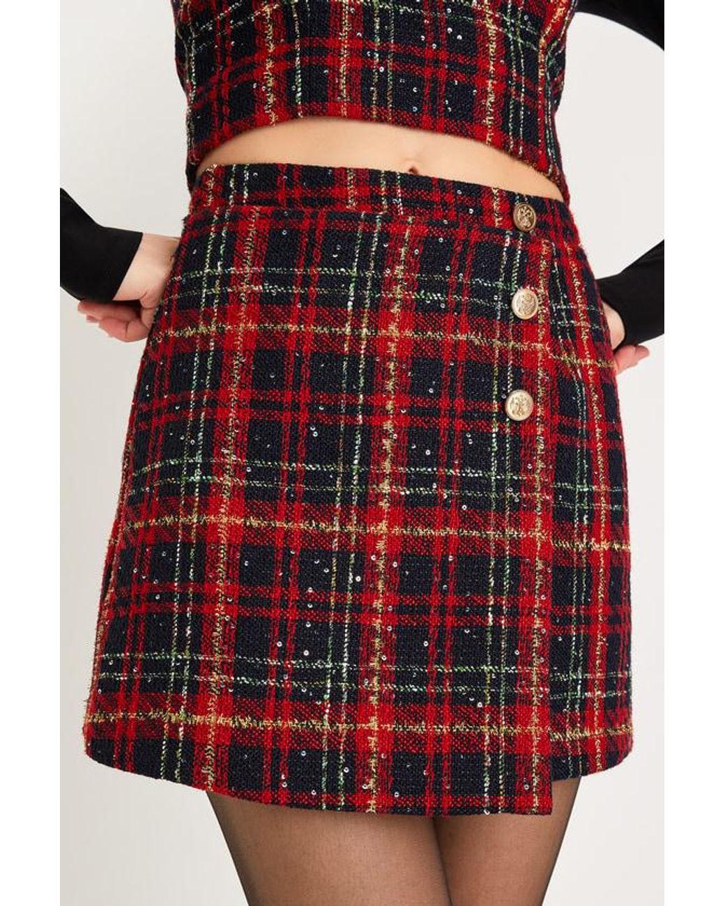 Lulus Red Adorably Posh Plaid Tweed Faux-Wrap Mini Skirt