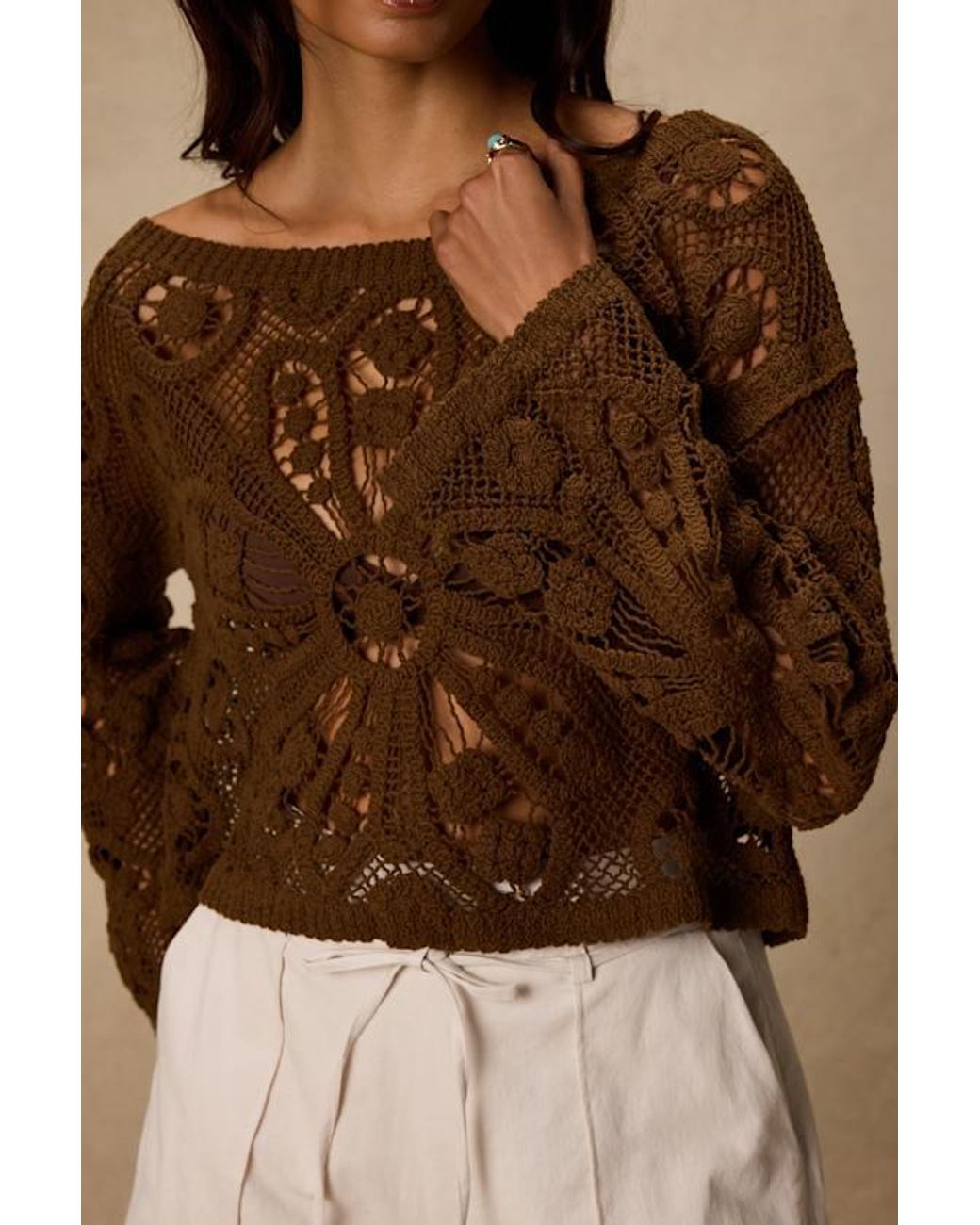 Lulus Brown Martinez Sheer Crochet Pullover Sweater