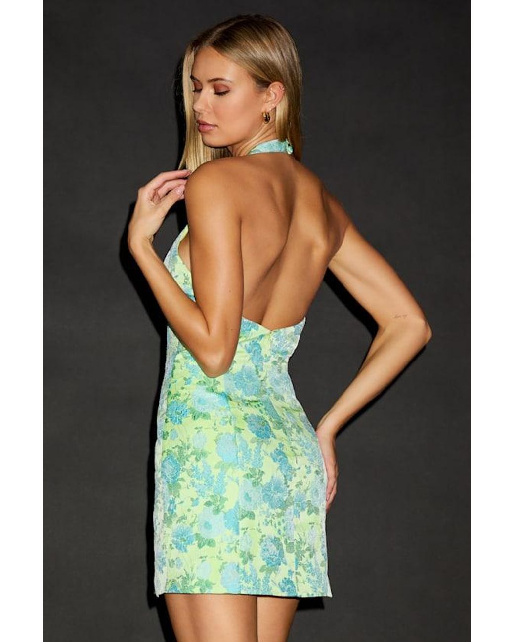 Lulus Ariadna And Floral Jacquard Halter Mini Dress in Green | Lyst