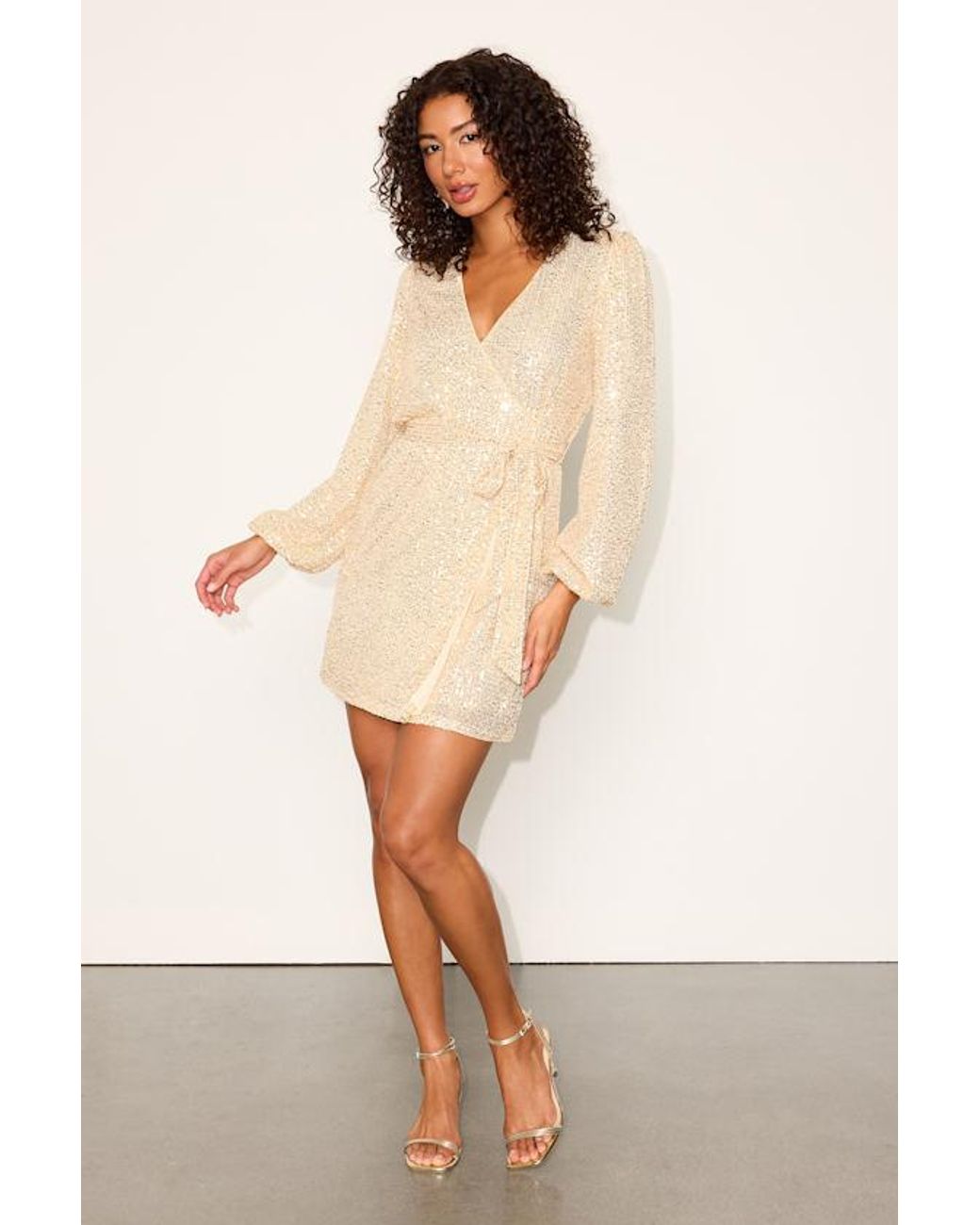 Lulus Natural Sparkly Darling Sequin Long Sleeve Wrap Dress