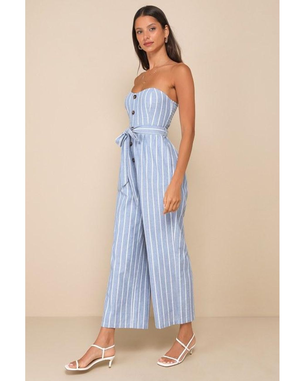 Lulus Blue Sunny Day Classic Striped Strapless Jumpsuit