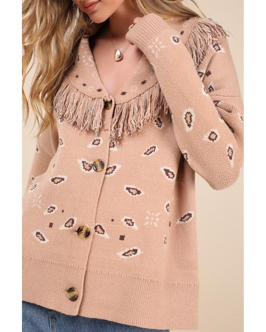Lulus Natural Playful Coziness Bandana Print Fringe Button-Up Cardigan