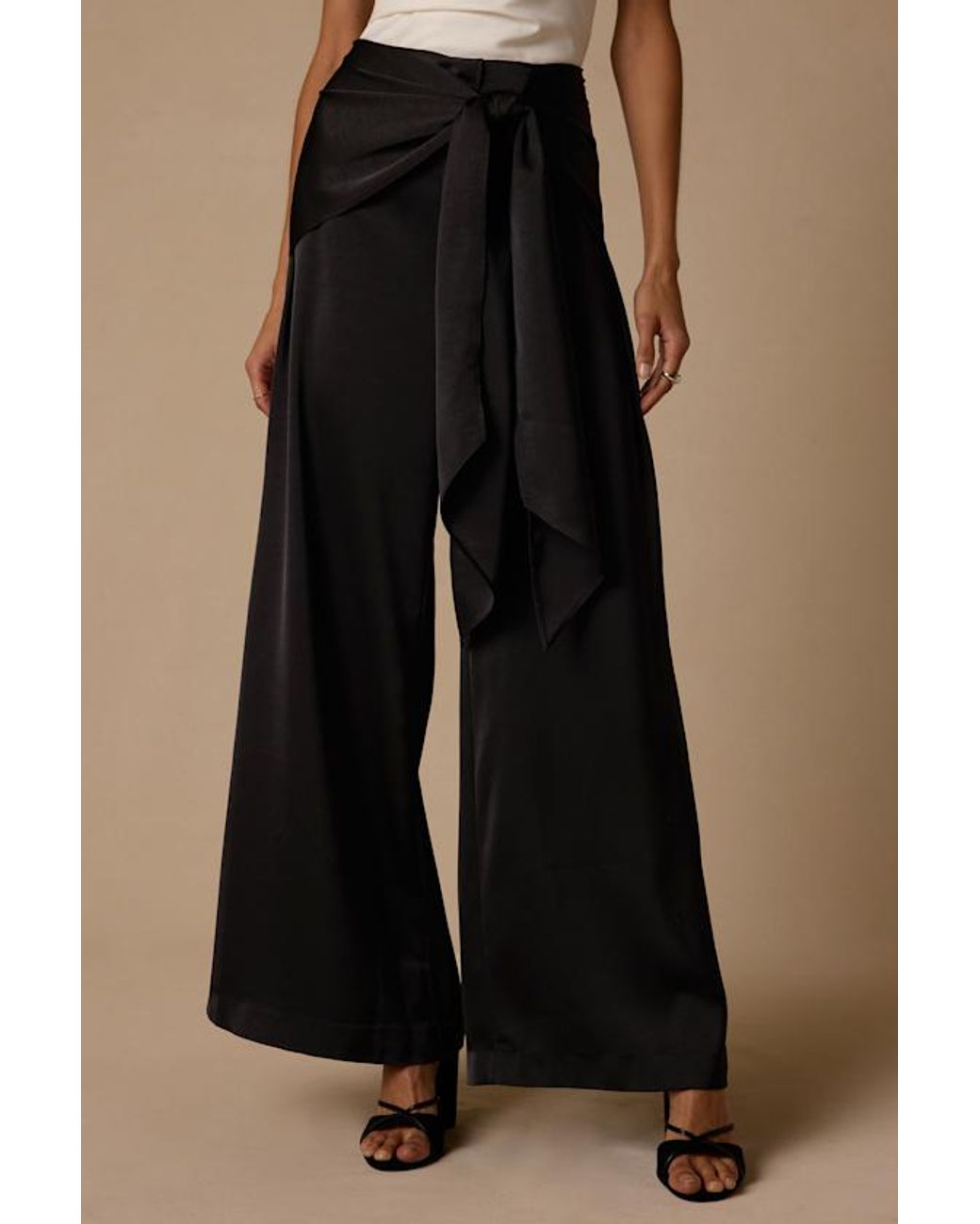 Lulus Natural Ivaya Satin Sash Wide-Leg Pants