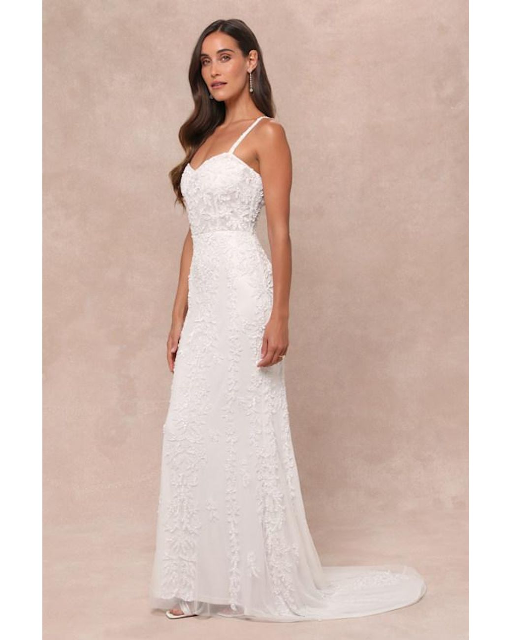 Lulus Natural Momentous Love Beaded Bustier Mesh Mermaid Maxi Dress