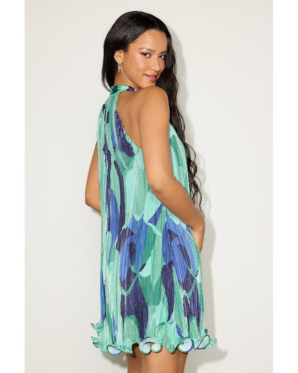 Lulus Green Vaivah Abstract Satin Plisse Mock Neck Swing Mini Dress