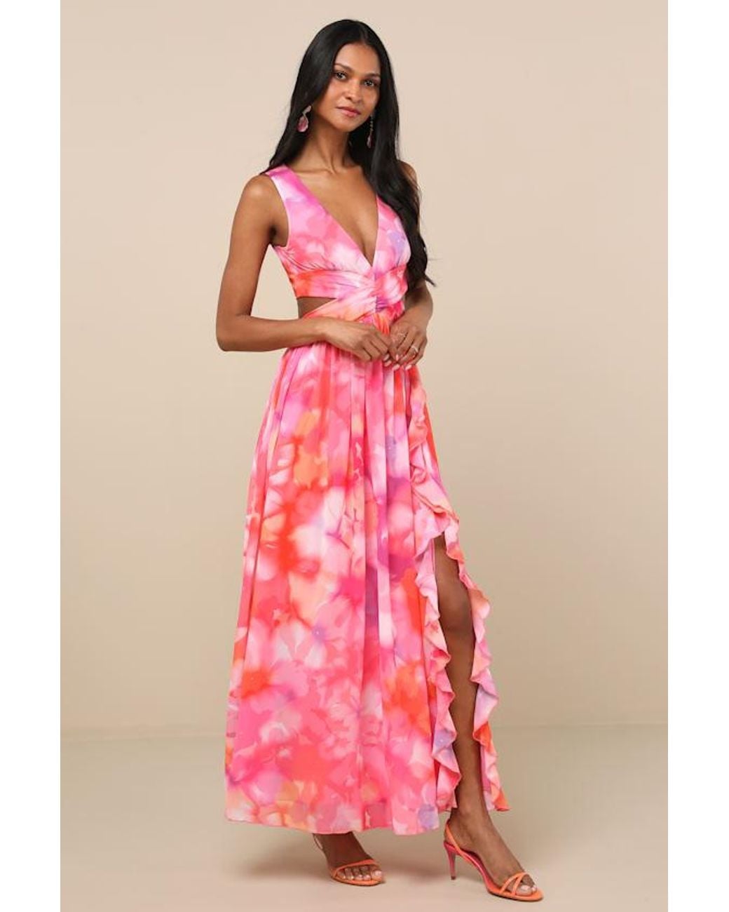 Lulus Pink Elisanna Multi Floral Lace-Up Midi Dress