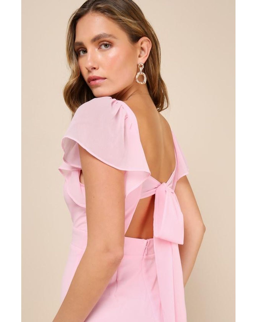 Lulus Pink Simply Delightful Tie-Back Flutter Sleeve Maxi Dress