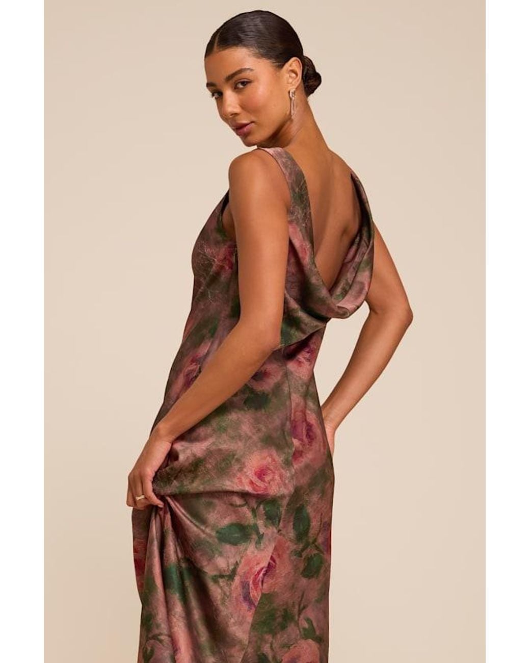 Lulus Natural Bella Floral Satin Cowl Maxi Dress