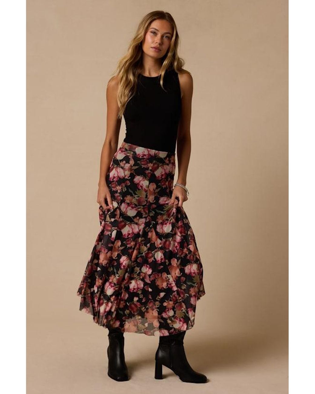 Lulus Brown Sookie Floral Midi Skirt