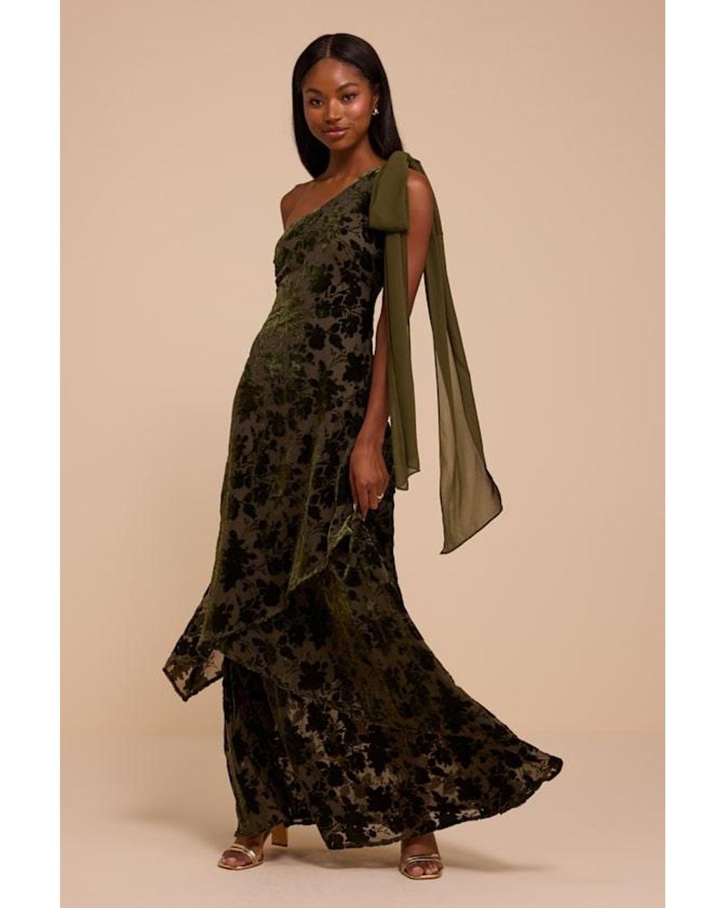 Lulus Natural Camellia Burnout Velvet One-Shoulder Bow Maxi Dress