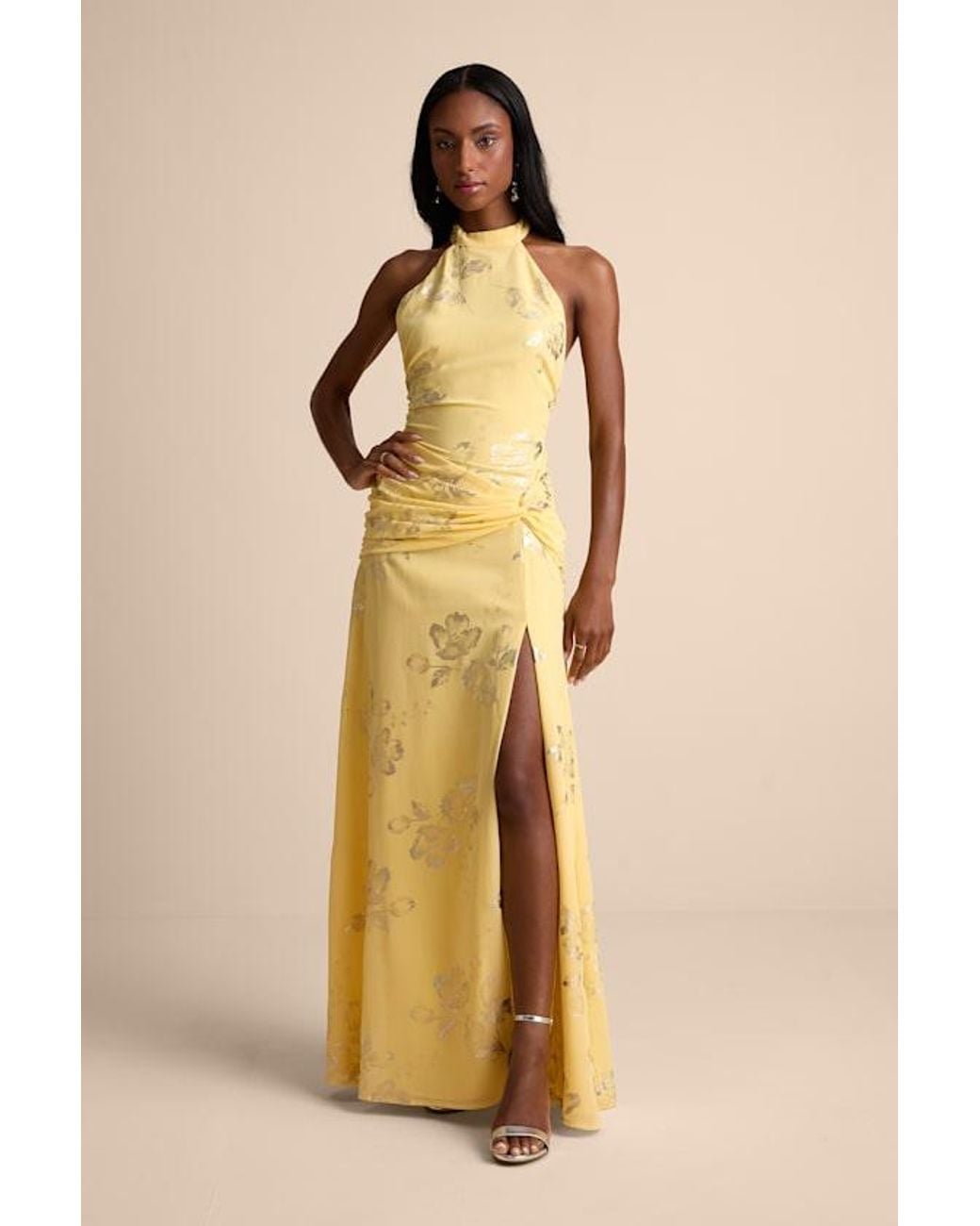 Lulus Natural Dayana Metallic Floral Backless Maxi Dress