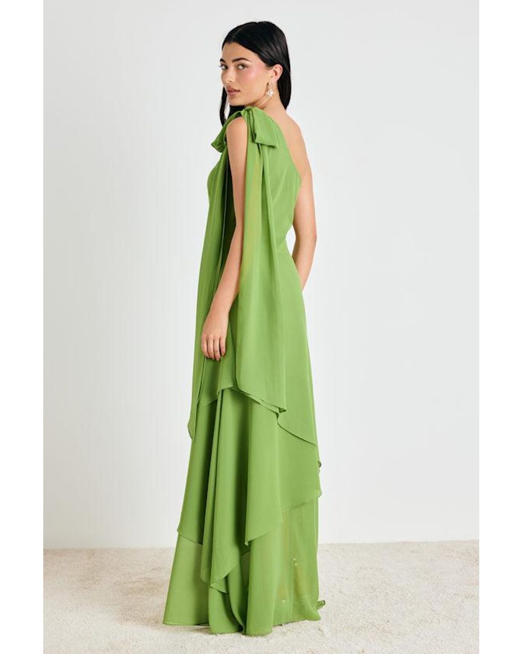 Lulus Green Camellia Bright One-Shoulder Bow Maxi Dress