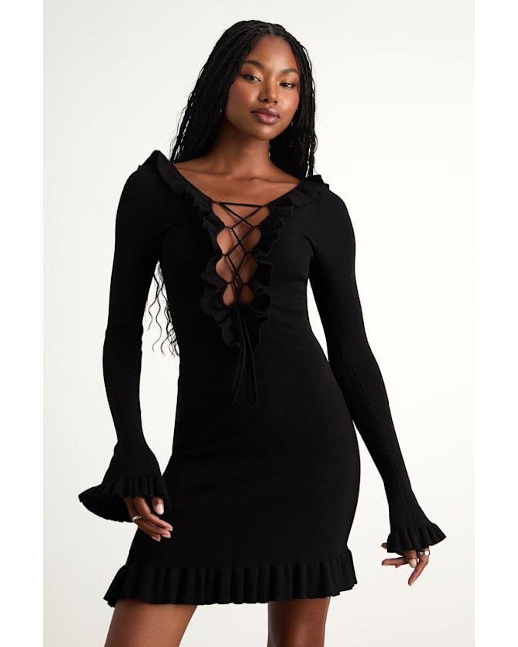 Sweater Mini Ruffle Lulus Haylea Ribbed Lace-Up Ruffled Sweater Mini Dress in Black | Lyst