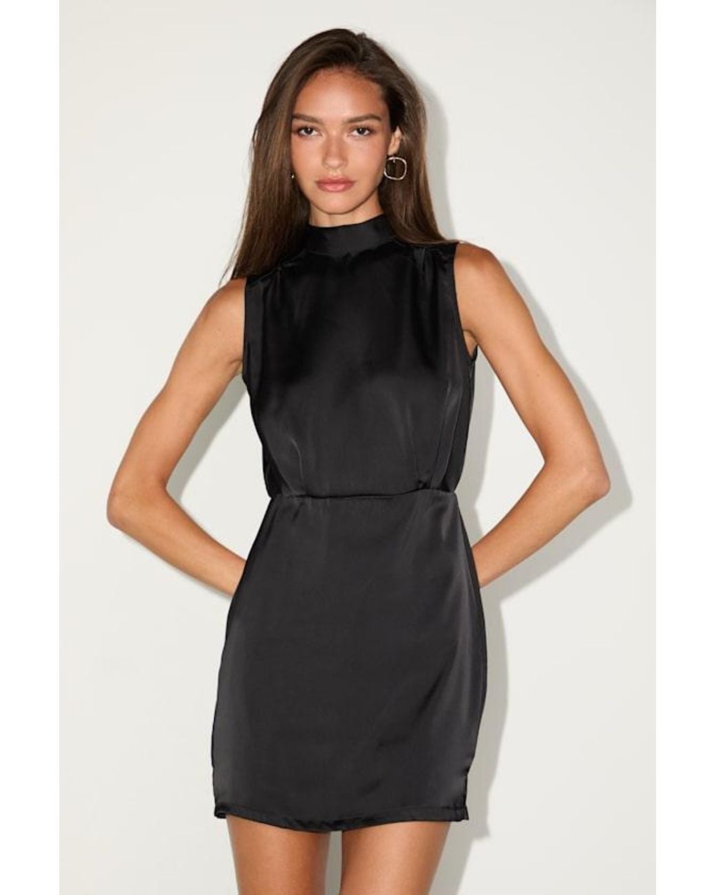 Lulus Black Classic Elegance Satin Sleeveless Mock Neck Mini Dress