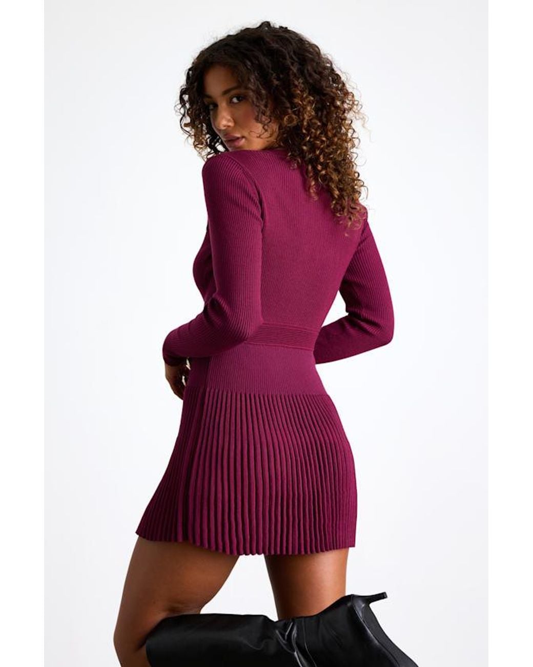 Lulus Red Chicest Crush Plum Ribbed Long Sleeve Mini Sweater Dress